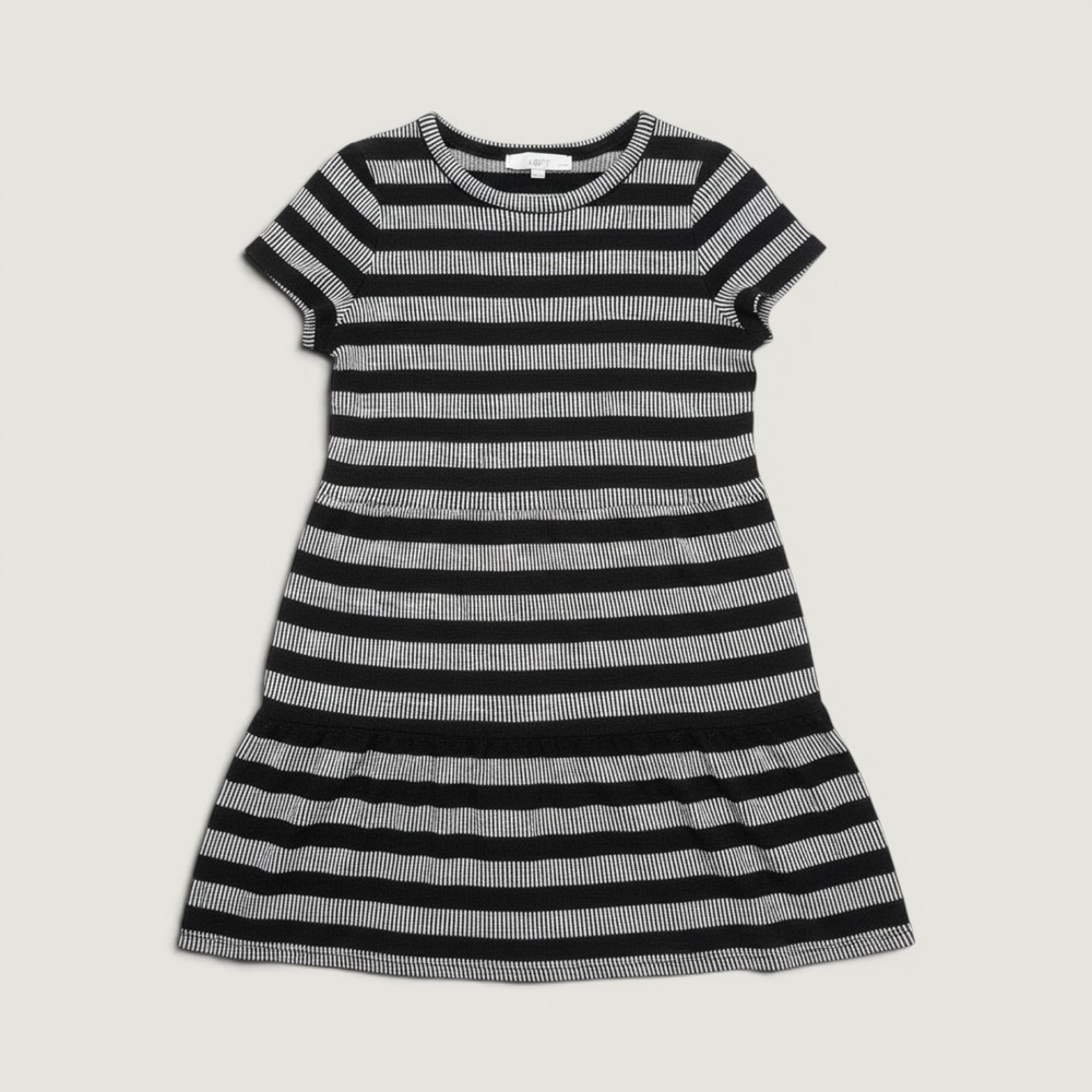 Loft Striped Tiered Knit Dress Women MP Black White Good Short Sleeve Mini